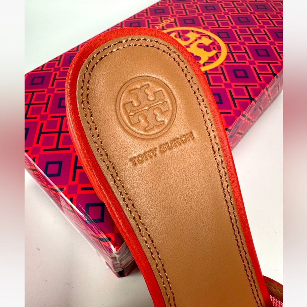 NIB Tory Burch Stitched Logo 30 mm Slide Sandals Calf Leather/Mesh Patent - Picture 8 of 11
